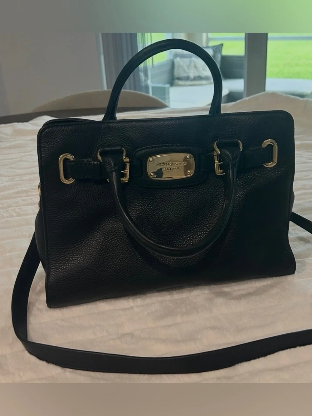 Michael Kors Black Leather Satchel with Gold Plate